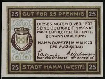 Notgeld Hamm i. Westf. 1920, 25 Pfennig, Kurhaus Bad Hamm