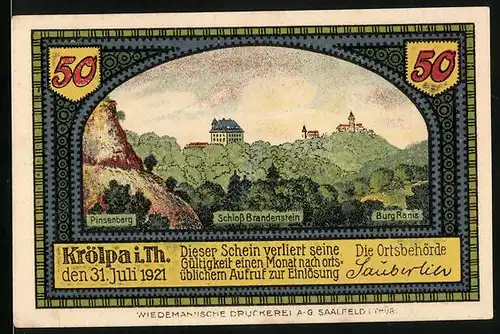Notgeld Krölpa i. Th. 1921, 50 Pfennig, Pinsenberg, Schloss Brandenstein und Burg Ranis