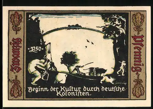 Notgeld Fürstenwalde /Spree 1921, 20 Pfennig, Beginn der Kultur durch deutsche Kolonisten