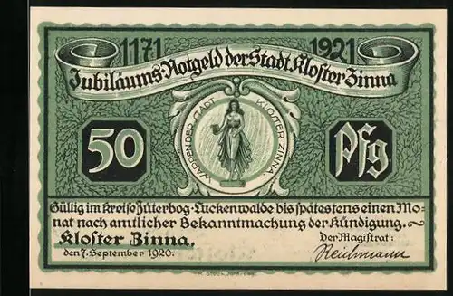 Notgeld Kloster Zinna 1920, 50 Pfennig, Stadtwappen, Denkmal Friedrich des Grossen, Fürstenhaus