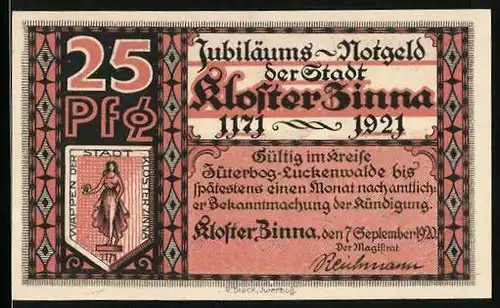 Notgeld Kloster Zinna 1920, 25 Pfennig, Klosterkirche von 1171