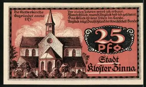 Notgeld Kloster Zinna 1920, 25 Pfennig, Klosterkirche von 1171