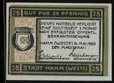 Notgeld Hamm i. Westf. 1920, 25 Pfennig, Schlossruine Werries