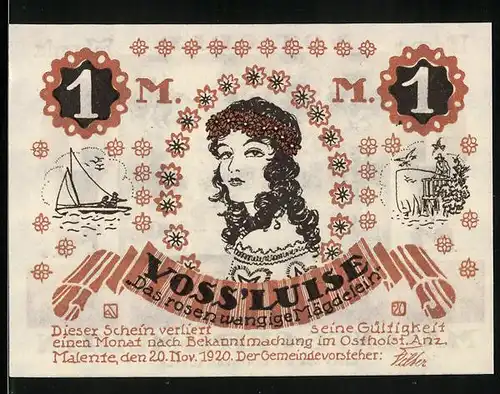 Notgeld Malente-Gremsmühlen 1920, 1 Mark, Partie am Uklei-See, Voss`Luise