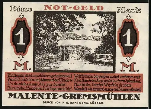 Notgeld Malente-Gremsmühlen 1920, 1 Mark, Partie am Uklei-See, Voss`Luise