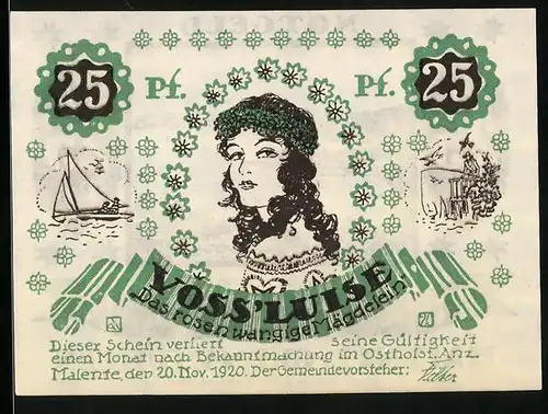 Notgeld Malente-Gremsmühlen 1920, 25 Pfennig, Blick über den Kellersee, Voss`Luise