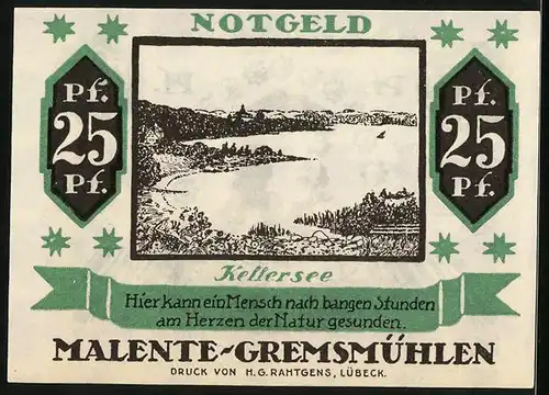 Notgeld Malente-Gremsmühlen 1920, 25 Pfennig, Blick über den Kellersee, Voss`Luise