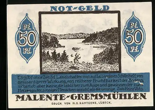 Notgeld Malente-Gremsmühlen 1920, 50 Pfennig, Partie am Dieksee, Voss`Luise