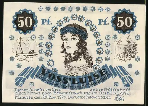 Notgeld Malente-Gremsmühlen 1920, 50 Pfennig, Partie am Dieksee, Voss`Luise