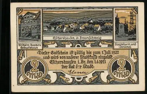 Notgeld Eschershausen i. Br. 1921, 2 Mark, Gesamtansicht, Wilhelm Raabe`s Geburtshaus, Raabeturm und -Denkmal