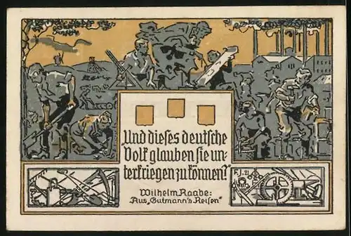 Notgeld Eschershausen i. Br. 1921, 2 Mark, Gesamtansicht, Wilhelm Raabe`s Geburtshaus, Raabeturm und -Denkmal