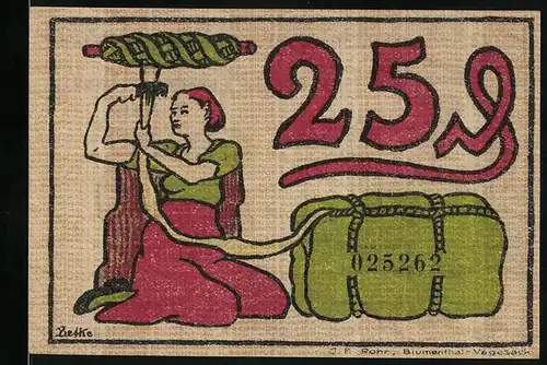 Notgeld Blumenthal i. H. 1921, 25 Pfennig, Industriearbeiter, Spinnerin