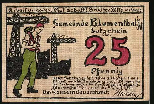 Notgeld Blumenthal i. H. 1921, 25 Pfennig, Industriearbeiter, Spinnerin