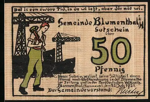 Notgeld Blumenthal i. H. 1921, 50 Pfennig, Industriearbeiter, Spinnerin