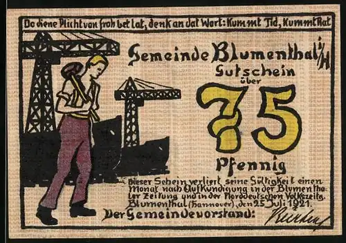 Notgeld Blumenthal i. H. 1921, 75 Pfennig, Industriearbeiter, Spinnerin