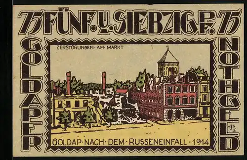 Notgeld Goldap /Ostpr. 1921, 75 Pfennig, Zerstörung am Markt nach dem Russeneinfall 1914
