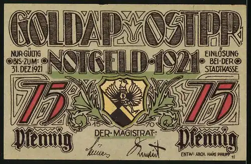 Notgeld Goldap /Ostpr. 1921, 75 Pfennig, Zerstörung am Markt nach dem Russeneinfall 1914