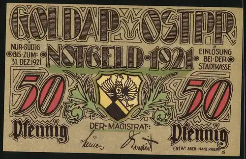 Notgeld Goldap /Ostpr. 1921, 50 Pfennig, Zerstörte Töpferstr. nach dem Russeinfall 1914