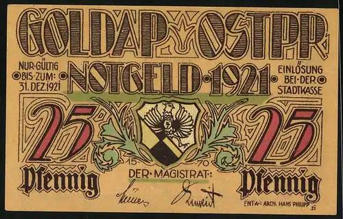 Notgeld Goldap /Ostpr. 1921, 25 Pfennig, Alt-Goldap im Winter