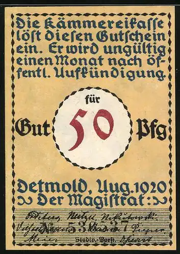 Notgeld Detmold 1920, 50 Pfennig, Soldat marschiert in den Krieg