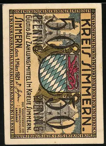 Notgeld Simmern 1921, 50 Pfennig, Wappen, 2 Menschen in Tracht