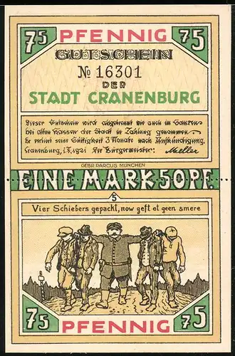 Notgeld Cranenburg 1921, 1,50 Mark (2 x 75 Pfennig), Polizist mit 4 Dieben, Stadtwappen