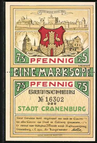 Notgeld Cranenburg 1921, 1,50 Mark (2 x 75 Pfennig), Polizist mit 4 Dieben, Stadtwappen