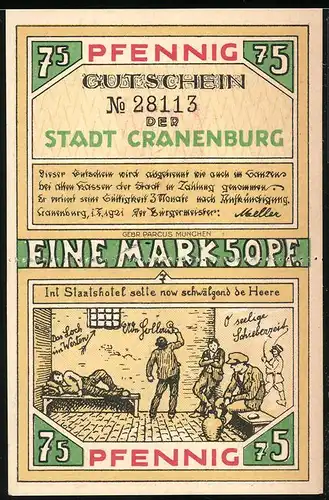 Notgeld Cranenburg 1921, 1,50 Mark (2 x 75 Pfennig), Männer in Gefängniszelle, Stadtwappen