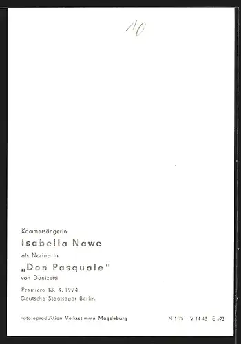 AK Opernsängerin Isabella Nawe als Norina in Don Pasquale, mit original Autograph