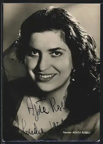 AK Opernsängerin Agata Roselli lächelt in die Kamera, mit original Autograph