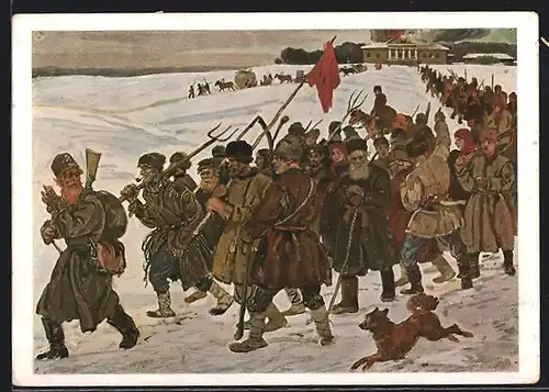 Künstler-AK Russische Soldaten mit roter Fahne im Schnee, Bolschewik