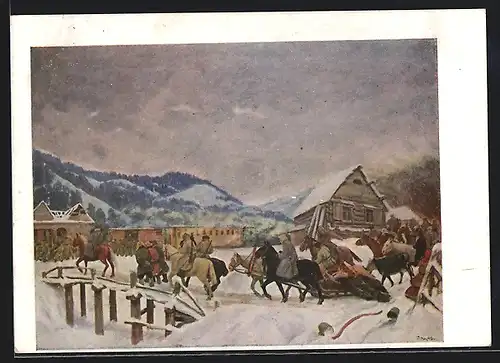 AK Russische Soldaten mit einem Pferdeschlitten, Russischer Bürgerkrieg