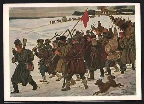 Künstler-AK Russische Soldaten mit roter Fahne im Schnee, Bolschewik