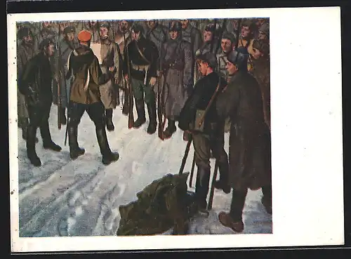 AK Russische Soldaten in Uniform im Schnee, Russischer Bürgerkrieg