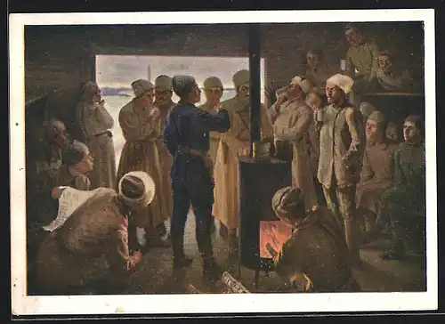 AK Russische Soldaten in Uniform am Ofen, Russischer Bürgerkrieg