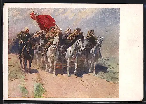 AK Russische Soldaten mit Fahne zu Pferde, Russischer Bürgerkrieg