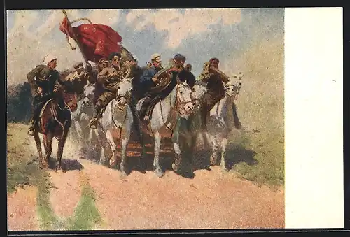 AK Russische Soldaten mit Fahne zu Pferde, Russischer Bürgerkrieg