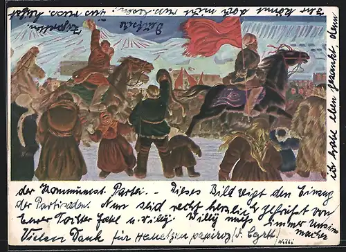 AK Russische Soldaten mit Fahne zu Pferde, Russischer Bürgerkrieg