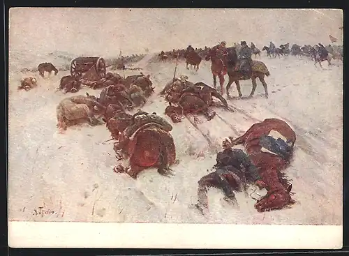 AK Verwundete russiche Soldaten mit Pferden im Schnee, Russischer Bürgerkrieg