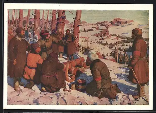 Künstler-AK Sibirien, Sibirische Partisanen auf einem Berg, Russischer Bürgerkrieg