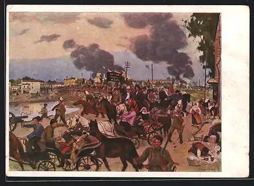 AK Russische Soldaten mit Pferden, Im Hintergrund brennende Stadt, Russischer Bürgerkrieg