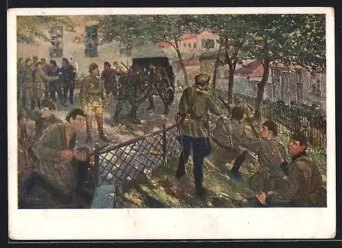 AK Russische Soldaten mit Gewehren am Zaun, Russischer Bürgerkrieg