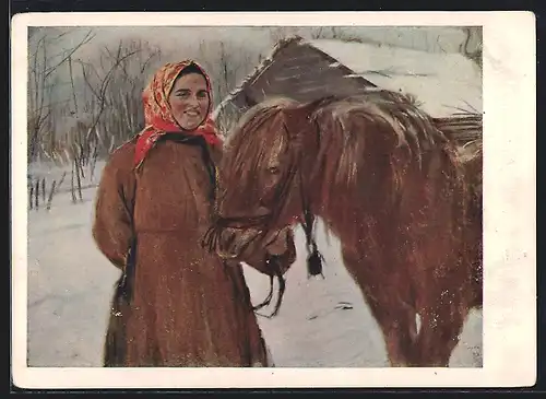 AK La paysanne avec un cheval