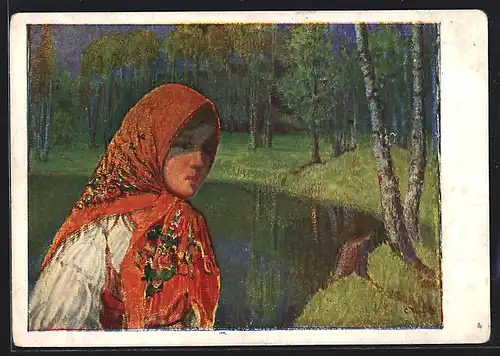 AK Mädchen in Tracht mit Kopftuch an einem See