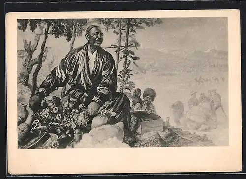 AK Tartare mit Obstkorb und Gefährten vor Bergpanorama