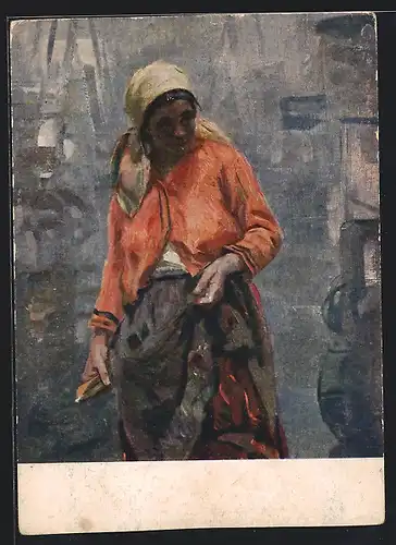 AK Junge russische Frau mit Kopftuch und Schürze