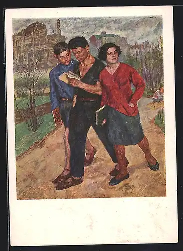 AK Russische Studenten mit Büchern auf einer Strasse