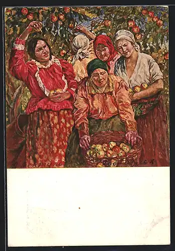 AK Russische Landarbeiterinnen bei der Apfelernte