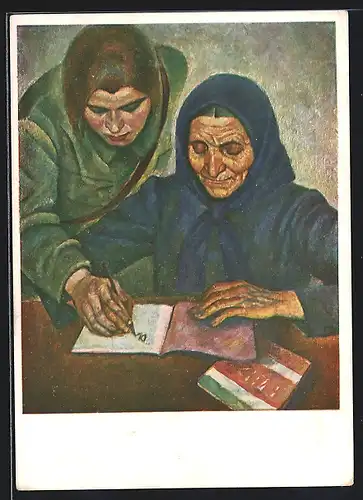 AK Junges Mädchen erteilt einer alten Frau Schreibunterricht