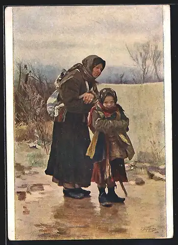 AK Grossmutter mit Enkelin unterwegs im Winter